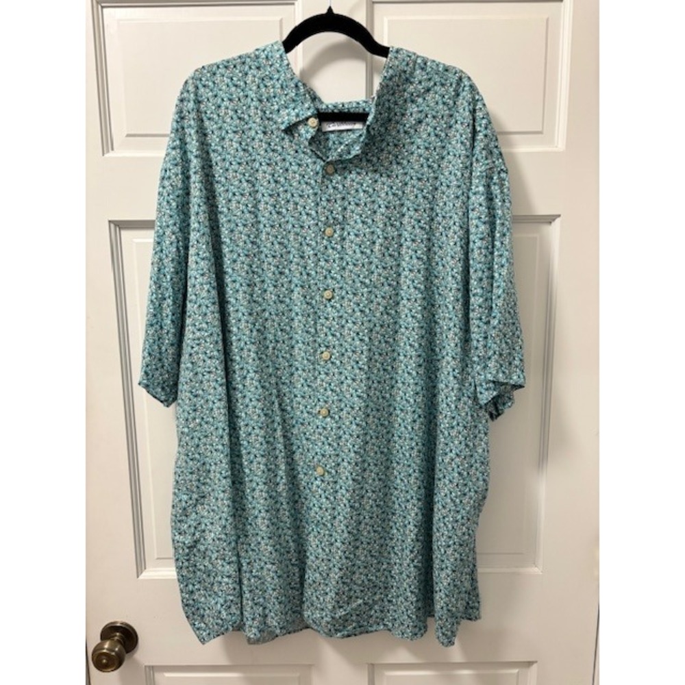 Caribbean 4XB Mens Blue Palm Tree Print Button Down Short Sleeve Shirt
